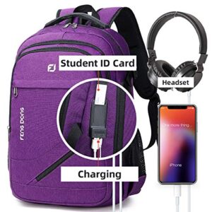 FENGDONG Durable Waterproof Travel Large Laptop Backpack 17.3 inch,College Backpack Bookbag for Men & Women Business Backpack with USB Charging Port and Headset Port Purple