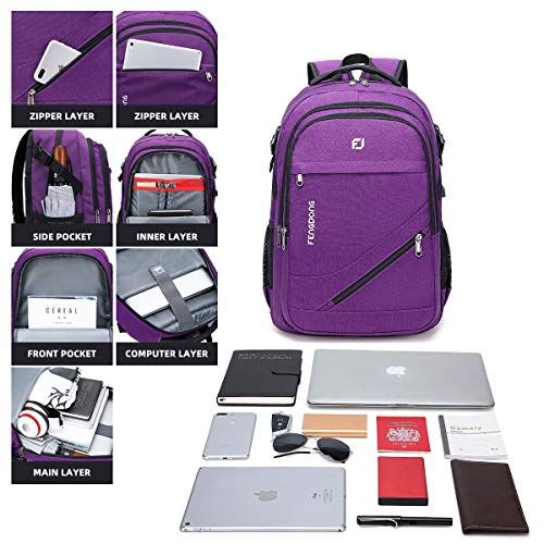 FENGDONG Durable Waterproof Travel Large Laptop Backpack 17.3 inch,College Backpack Bookbag for Men & Women Business Backpack with USB Charging Port and Headset Port Purple