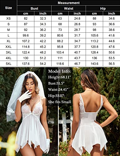 Avidlove Wedding Lingerie for Women Lace Babydoll Strap Chemise Sleepwear Honeymoon Nightwear White