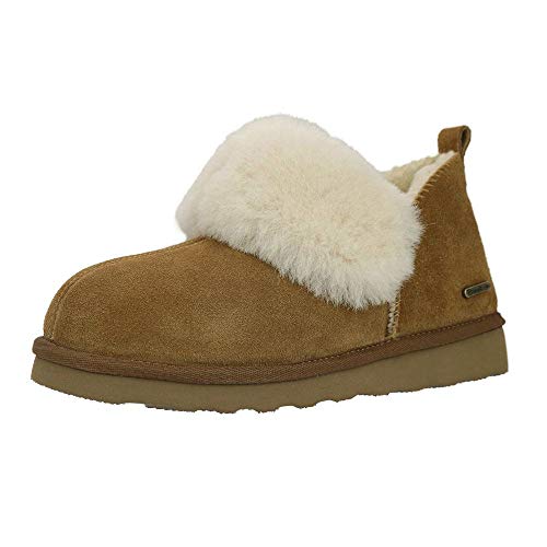 PAMIR Women's Genuine Suede Shearling Ankle Moccasin Booties Slippers Boots Memory Foam Indoor Outdoor Chestnut 9 M US