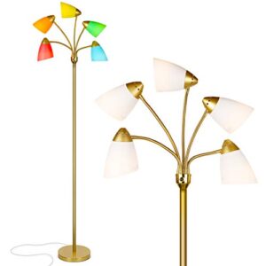 brightech medusa led floor lamp – multi-head dimmable floor lamp for living rooms & offices – tall lamp with interchangeable shades, adjustable standing lamp for bedroom reading – brass/gold