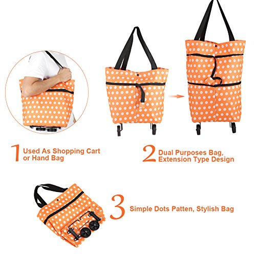 Shopping Bag, Oxford Cloth Reusable Shopping Bags with Wheel Rolling Dual-Purpose Foldable Grocery Bags for Shopping.(12-Orange)