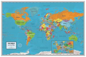 laminated world scholar map poster | educational elementary school version | easy-to-read large labels | 36” x 24” | shipped in a tube, not folded | great for the home or classroom