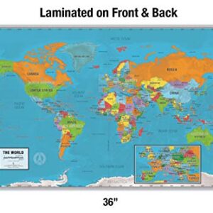 Laminated World Scholar Map Poster | Educational Elementary School Version | Easy-to-Read Large Labels | 36” x 24” | Shipped in a Tube, Not Folded | Great for The Home or Classroom