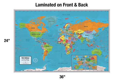 Laminated World Scholar Map Poster | Educational Elementary School Version | Easy-to-Read Large Labels | 36” x 24” | Shipped in a Tube, Not Folded | Great for The Home or Classroom