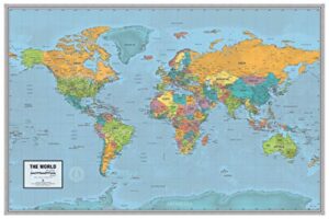 laminated world voyager map poster | bright style map | includes the most legible location labels | 36” x 24” | shipped rolled in a tube, not folded | great for the home or classroom