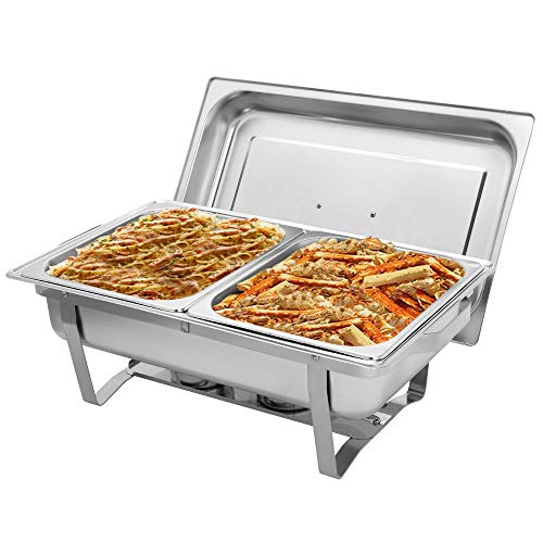 ROVSUN 8 Quart Chafing Dish Buffet Set,Stainless Steel Catering Serve Chafer,Restaurant Food Warmer, Rectangular Buffet Stove with 2 Half Size Food Pans and Foldable Frame for Party (1 Pack)