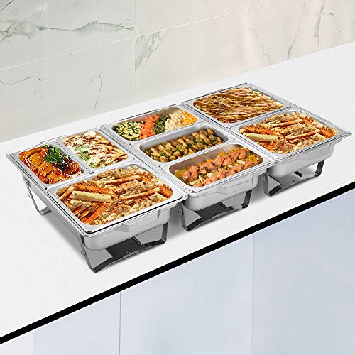 ROVSUN 8 Quart Chafing Dish Buffet Set,Stainless Steel Catering Serve Chafer,Restaurant Food Warmer, Rectangular Buffet Stove with 2 Half Size Food Pans and Foldable Frame for Party (1 Pack)