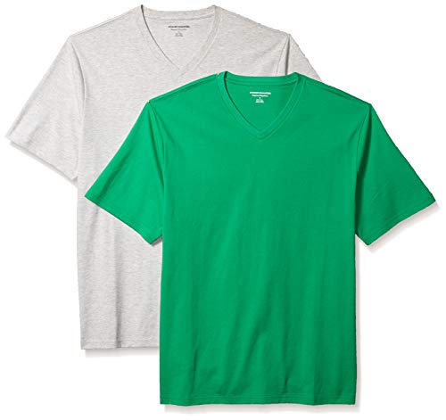 Amazon Essentials Men's Regular-Fit Short-Sleeve V-Neck T-Shirt, Pack of 2, Bright Green/Light Grey Heather, Large