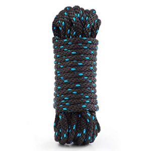 rope ratchet 3/8", 50 ft solid braided polypropylene rope, heavy duty, all purpose, utility cord tie down rope for camping, tie, pull, and knot, indoor and outdoor use - black with blue tracers