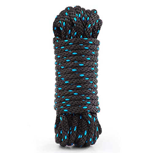 Rope Ratchet 3/8", 50 ft Solid Braided Polypropylene Rope, Heavy Duty, All Purpose, Utility Cord Tie Down Rope for Camping, Tie, Pull, and Knot, Indoor and Outdoor Use - Black with Blue Tracers