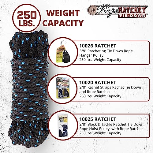 Rope Ratchet 3/8", 50 ft Solid Braided Polypropylene Rope, Heavy Duty, All Purpose, Utility Cord Tie Down Rope for Camping, Tie, Pull, and Knot, Indoor and Outdoor Use - Black with Blue Tracers