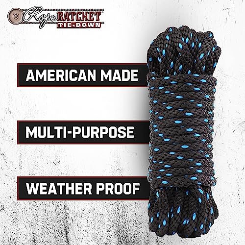 Rope Ratchet 3/8", 50 ft Solid Braided Polypropylene Rope, Heavy Duty, All Purpose, Utility Cord Tie Down Rope for Camping, Tie, Pull, and Knot, Indoor and Outdoor Use - Black with Blue Tracers