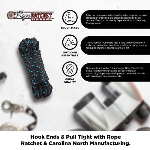 Rope Ratchet 3/8", 50 ft Solid Braided Polypropylene Rope, Heavy Duty, All Purpose, Utility Cord Tie Down Rope for Camping, Tie, Pull, and Knot, Indoor and Outdoor Use - Black with Blue Tracers