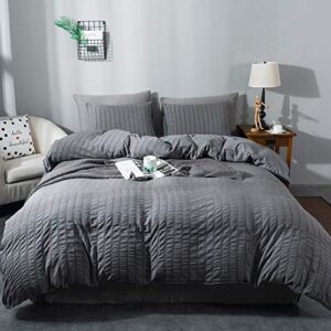 avelom seersucker duvet cover set king size (104 x 90 inches), 3 pieces (1 duvet cover + 2 pillow cases), dark gray ultra soft washed microfiber, textured duvet cover with zipper closure, corner ties
