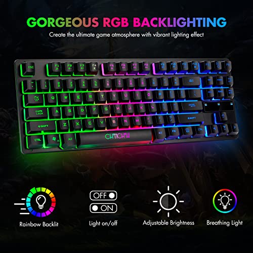 CHONCHOW 87 Keys TKL Gaming Keyboard and Mouse Combo, Wired LED Rainbow Backlit Keyboard 800-3200 DPI RGB Mouse, Gaming for PS4 Xbox PC Laptop Mac