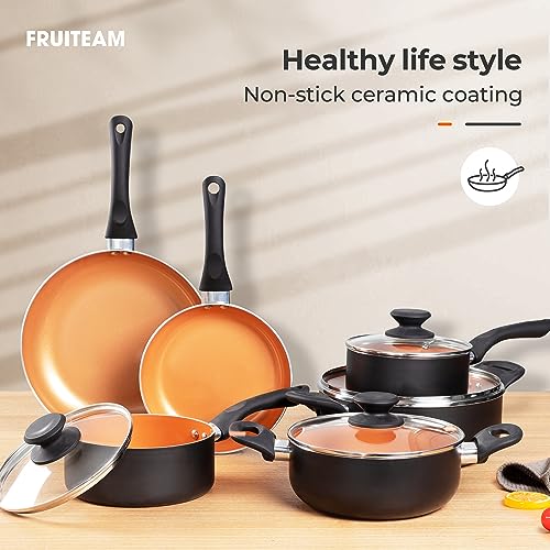 FRUITEAM 10pcs Cookware Set Ceramic Nonstick Soup Pot, Milk Pot and Frying Pans Set, Copper Aluminum Pan with Lid, Induction Gas Compatible, 1 Year Warranty Mothers Day Gifts for Wife…