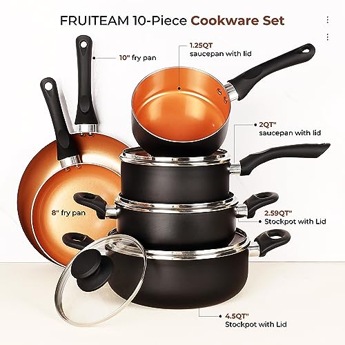 FRUITEAM 10pcs Cookware Set Ceramic Nonstick Soup Pot, Milk Pot and Frying Pans Set, Copper Aluminum Pan with Lid, Induction Gas Compatible, 1 Year Warranty Mothers Day Gifts for Wife…