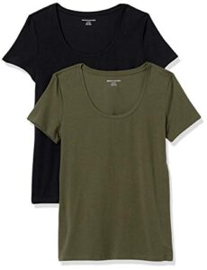 amazon essentials women's classic-fit short-sleeve scoop neck t-shirt (available in plus size), pack of 2, dark olive/black, xx-large