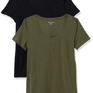 Amazon Essentials Women's Classic-Fit Short-Sleeve Scoop Neck T-Shirt (Available in Plus Size), Pack of 2, Dark Olive/Black, XX-Large