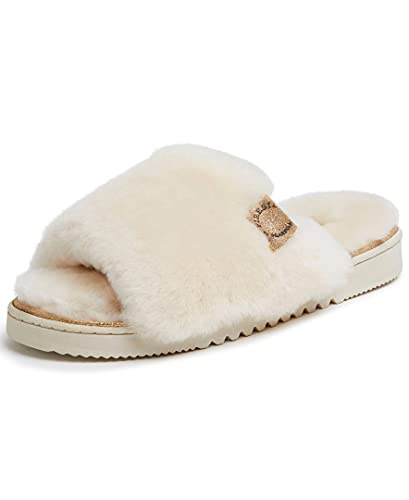 Dearfoams womens Fireside By Dearfoams Cairns Shearling Slide With Metallic Trim Slipper, Natural, 8 US