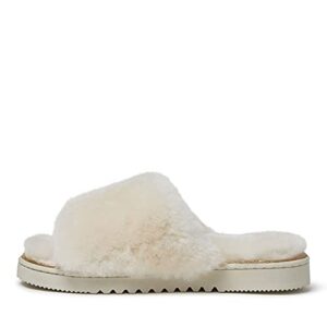 Dearfoams womens Fireside By Dearfoams Cairns Shearling Slide With Metallic Trim Slipper, Natural, 8 US