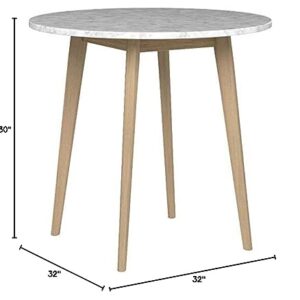 Nathan James Amalia Round Bistro Dining Table with Legs in Tan Wood Finish and Faux White Carrara Marble Top, Light Brown