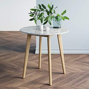 nathan james amalia round bistro dining table with legs in tan wood finish and faux white carrara marble top, light brown