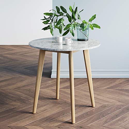 Nathan James Amalia Round Bistro Dining Table with Legs in Tan Wood Finish and Faux White Carrara Marble Top, Light Brown