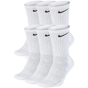 nike dri-fit training cotton cushioned crew socks 6 pair white with black signature swoosh logo) large 8-12