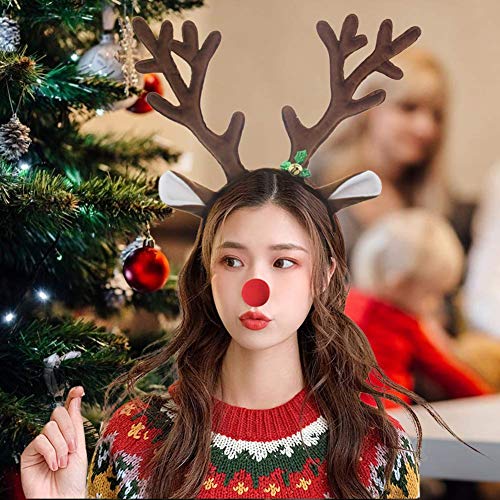 Reindeer Antlers Headbands with Red Nose for Adults Teens Christmas Santa Holiday Parties (One size, Deer)