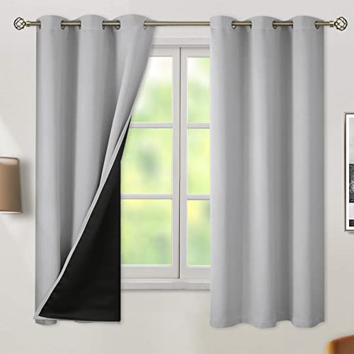 BGment 100% Blackout Curtains for Bedroom with Black Liner, Thermal Insulated Thick Double Layers Total Light Blocking Grommet Window Curtains 63 Inch Length 2 Panels Set (42 x 63 Inch, Light Grey)