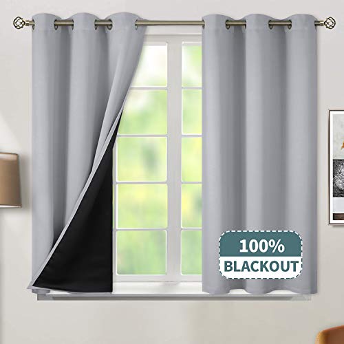 BGment 100% Blackout Curtains for Bedroom with Black Liner, Thermal Insulated Thick Double Layers Total Light Blocking Grommet Window Curtains 63 Inch Length 2 Panels Set (42 x 63 Inch, Light Grey)