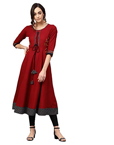 Yash Gallery Women's Cotton Slub Embroidered Anarkali Kurtis (Maroon)