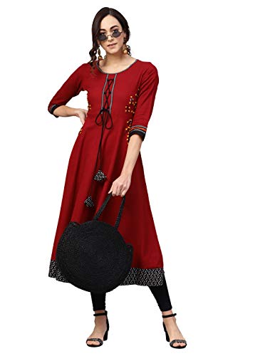 Yash Gallery Women's Cotton Slub Embroidered Anarkali Kurtis (Maroon)