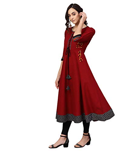 Yash Gallery Women's Cotton Slub Embroidered Anarkali Kurtis (Maroon)