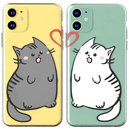 Toik Matching Couple Cases for Apple iPhone 11 Pro Xs Max Xr 10 X 8 Plus 7 6s 5s SE Cats Design Pets Lightweight Gray TPU Cute Gift Best Friend Boyfriend Anniversary BFFs White Adorable