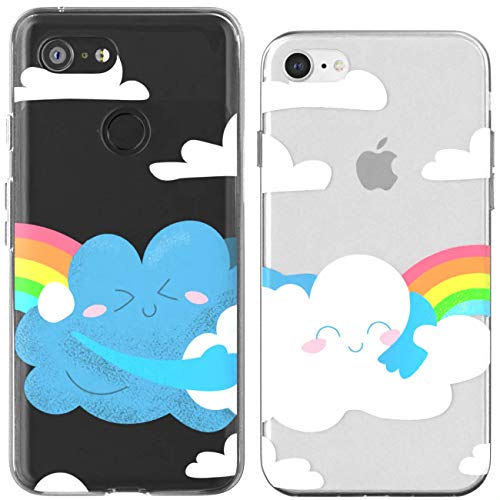 Toik Matching Couple Cases for Apple iPhone 11 Pro Xs Max Xr 10 X 8 Plus 7 6s 5s SE White Rainbow Protective Blue TPU BFFs Clear Anniversary Clouds Cute Design Hug Slim Girly Gift Relationship