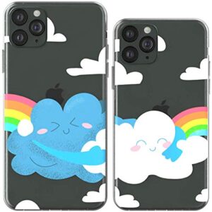 Toik Matching Couple Cases for Apple iPhone 11 Pro Xs Max Xr 10 X 8 Plus 7 6s 5s SE White Rainbow Protective Blue TPU BFFs Clear Anniversary Clouds Cute Design Hug Slim Girly Gift Relationship