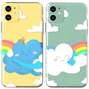 Toik Matching Couple Cases for Apple iPhone 11 Pro Xs Max Xr 10 X 8 Plus 7 6s 5s SE White Rainbow Protective Blue TPU BFFs Clear Anniversary Clouds Cute Design Hug Slim Girly Gift Relationship