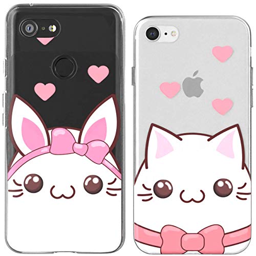 Toik Matching Couple Cases for Apple iPhone 11 Pro Xs Max Xr 10 X 8 Plus 7 6s 5s SE Kawaii Flexible Design Cat Clear Girlfriend Cute TPU Lovely Protective Gift Print Silicone Bow Bunny