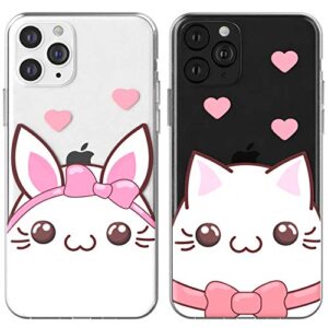 Toik Matching Couple Cases for Apple iPhone 11 Pro Xs Max Xr 10 X 8 Plus 7 6s 5s SE Kawaii Flexible Design Cat Clear Girlfriend Cute TPU Lovely Protective Gift Print Silicone Bow Bunny