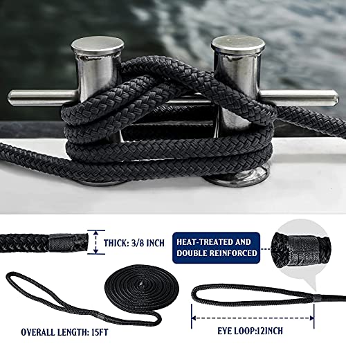 Dock Lines & Ropes Boat Accessories - 4 Pack 3/8" x 15' Double Braided Nylon Dock Lines with 12” Loop Excellent 5800 lbs Breaking Strength Marine Rope for Kayak Pontoon Boats up to 30ft Boating Gifts