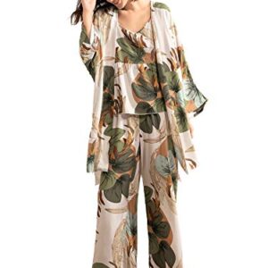 WDIRARA Women's 3 pcs Sleepwear Leaf Print Cami and Pants Pajama Set with Robe Multicolor M