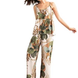 WDIRARA Women's 3 pcs Sleepwear Leaf Print Cami and Pants Pajama Set with Robe Multicolor M