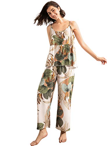 WDIRARA Women's 3 pcs Sleepwear Leaf Print Cami and Pants Pajama Set with Robe Multicolor M