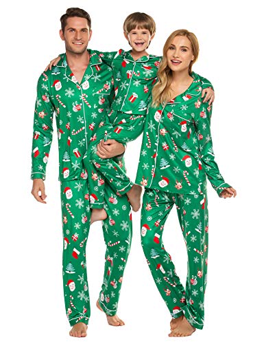 Ekouaer Womens Pajama Sets for Christmas Santa Claus Family Pjs Sets Button Up Classic Nightwear (Women/Green,L)