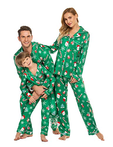 Ekouaer Womens Pajama Sets for Christmas Santa Claus Family Pjs Sets Button Up Classic Nightwear (Women/Green,L)