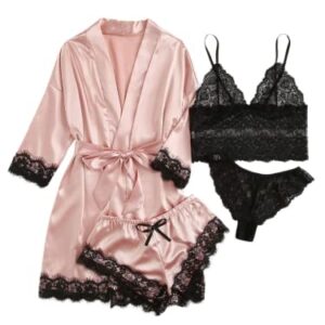 SOLY HUX Women's Satin Pajama Set 4pcs Floral Lace Trim Cami Lingerie Sleepwear with Robe Pink Large