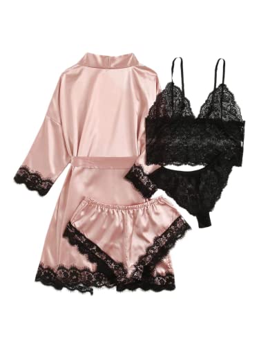 SOLY HUX Women's Satin Pajama Set 4pcs Floral Lace Trim Cami Lingerie Sleepwear with Robe Pink Large